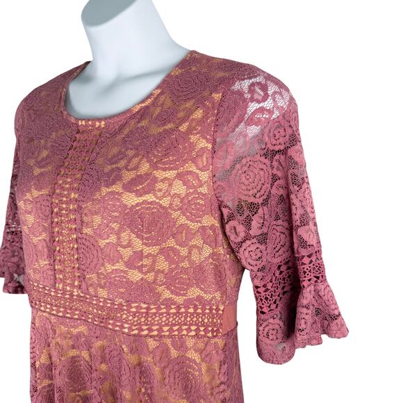 Twink Lady Dress Womens XL Mauve Pink Lace with Nude Underlay Bell Half Sleeves - Picture 4 of 12